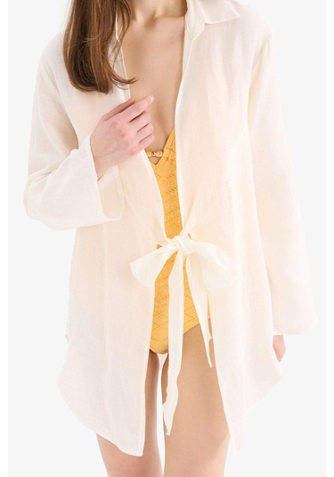 DeFacto Müslin Önden Bağlamalı Plaj Gömleği-Fall in Love B7333AX25SMWT16 Beyaz