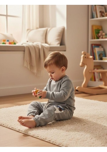 Zekids Bebek Ayıcık Desenli Eşofman Alt-16391 Gri