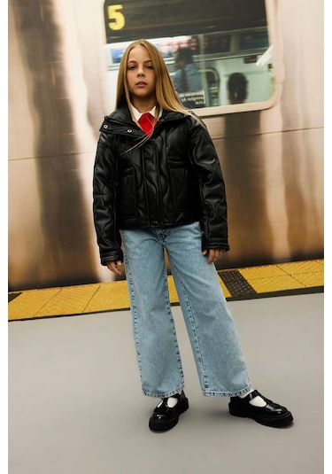 DeFacto Kız Çocuk Su İtici Fermuarlı Çıtçıt Kapamalı Cepli Mont C5486A824AUBK27 Siyah