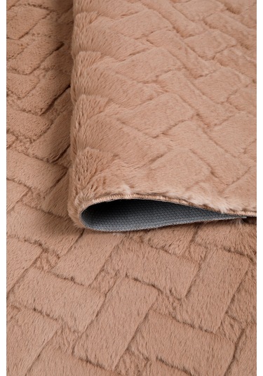 Desenli Tavşan Tüyü Yumuşak 2 Li Banyo Paspası Kaymaz Tabanlı Klozet Takımı Camel Camel