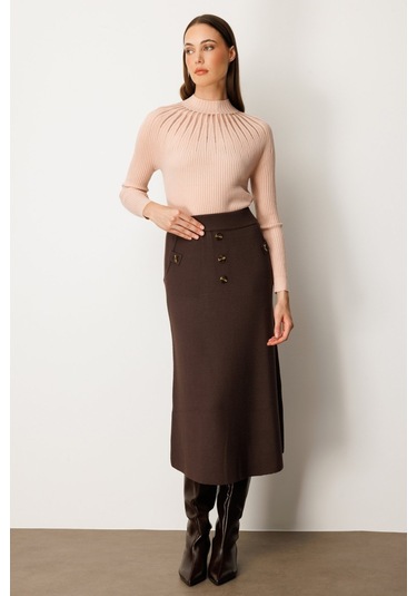 On Kadın Düğmeli Triko Etek 65207 Kahverengi Kahverengi