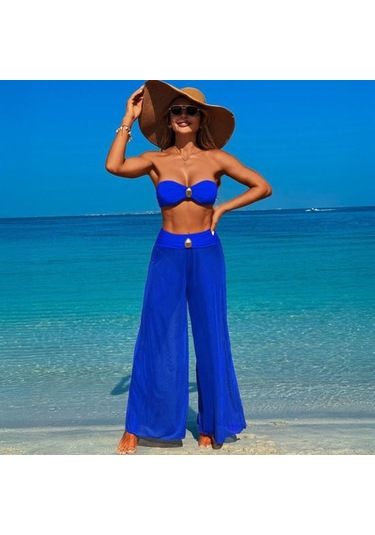 2 Adet/takım Kadın Mayo Seti Bandeau Dolgulu Telsiz Sütyen Yüksek Bel Yüzme Mavi