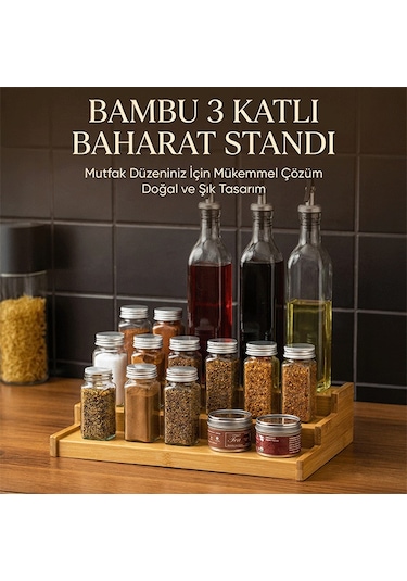 3 Katlı Bambu Stand Organizer, Baharatlık Düzenleyici