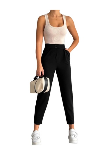 Çift Düğmeli Havuç Model Bilek Boy Kadın Kumaş Pantolon Siyah