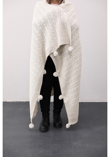 Biocotton Triko Ponponlu Örgü Tv Battaniyesi - Krem