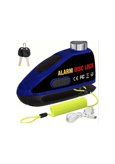 Mavi Motosiklet Disk Fren Alarm Kilidi 110db Titreşim Sensörlü, Usb Type-c Şarj, Alüminyum Alaşım, 2 Bıçaklı Anahtar