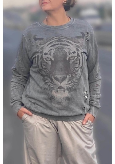 Kadın Gri Kaplan Desenli Sweat Gri