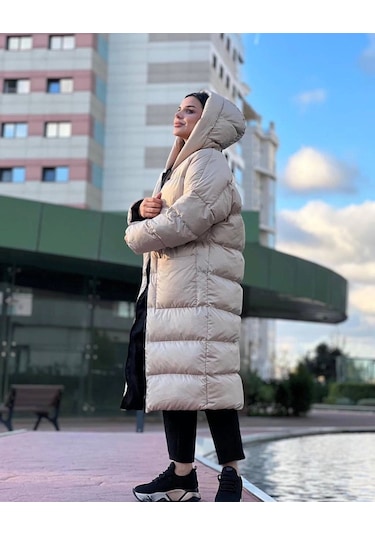 Oversize Uzun Şişme Mont Krem
