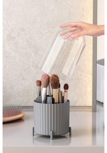 Maxi Home Zebra Makyaj Organizer Kapaklı Masaüstü Kozmetik Düzenleyici Gri
