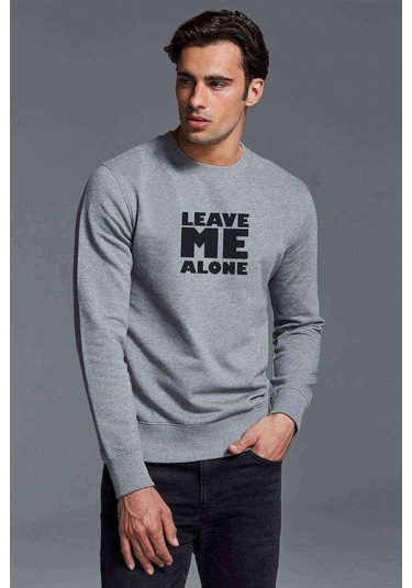 Leave Me Alone Baskılı Gri Erkek Örme Sweatshirt