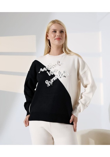 Renk Bloklu Triko Takım Siyah - Taş