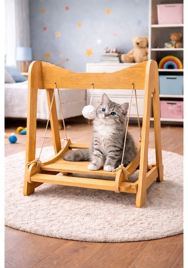 Ahşap Kedi Salıncağı & Oyun Platformu Ponponlu, Doğal Ahşap Oyuncak