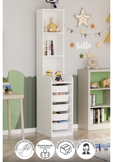 Bofigo 5 Sepetli 3 Raflı Dolap Çok Amaçlı Dolap Oyuncak Dolabı Derya Beyaz Beyaz