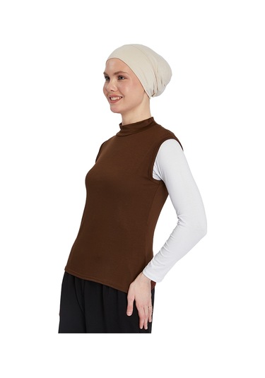 Organik Kolsuz Balıkçı Yaka Likralı Kadın Sıfır Kol Body Çikolata