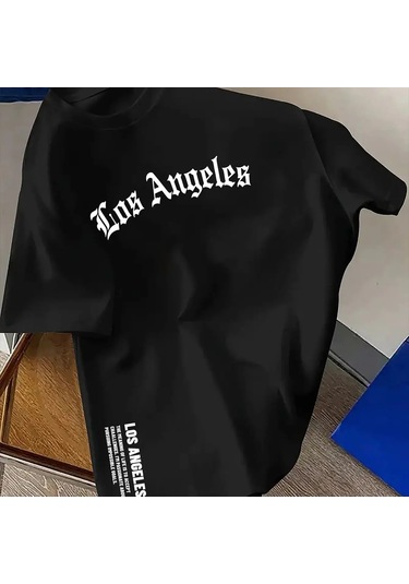 Guılan Erkek %100 Pamuk Los Angeles Baskılı Gevşek Yuvarlak Boyun Kısa Kollu Tişörtblack Black