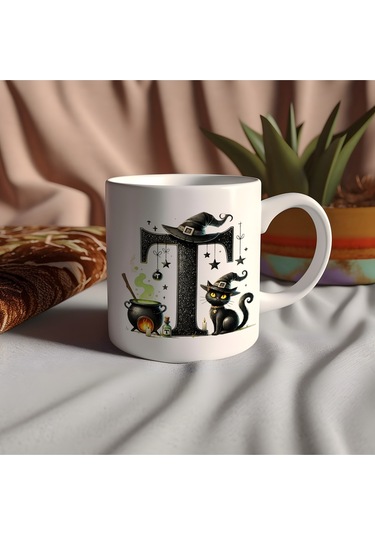 T Harfli Halloween Kedili Figür Kupa Bardak - Şapkalı Ve Kazanlı İsme Özel Kupa - Hediye Beyaz