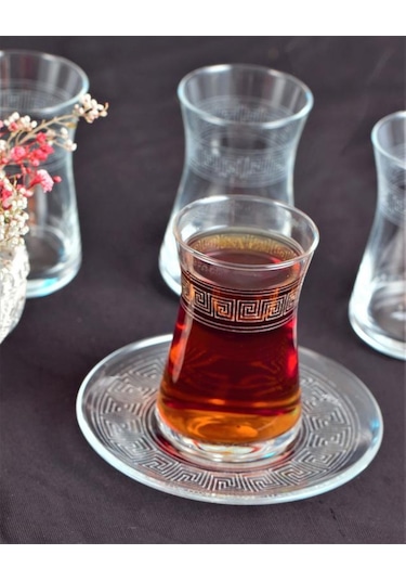12 Parça Çay Seti - Paşabahçe Heybeli Antik Desen Şeffaf