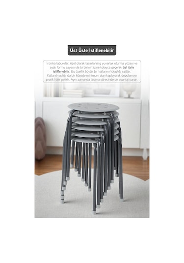 İronika Otto Metal Gövdeli Modern Tabure Mutfak Bahçe Taburesi - 6 Adet Gri Gri