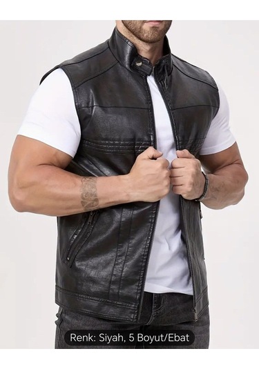 Uzun Hakim Yaka Regular Fit Hakiki Deri Yelek Siyah