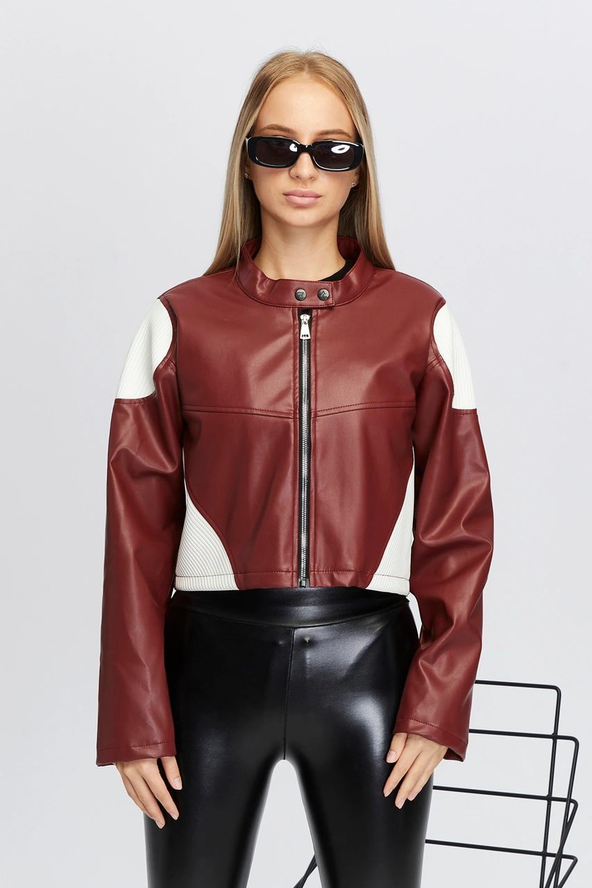 Kadın Oversize Fermuarlı Yaka Çıt Çıtlı Omuz Ve Etek Beyaz Desenli Kolej Yarışçı Ceket Motorcu Mont Kırmızı