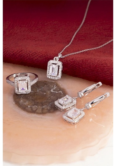925 Ayar Gümüş Rodyumlu Baget Taşlı Bayan Takı Seti