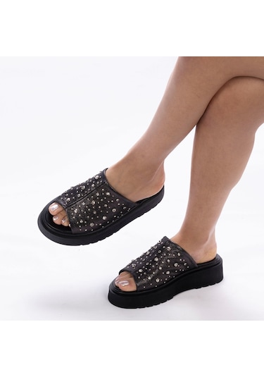 Kadın Siyah Simli Hakiki Deri Taşlı Yumuşak Kalın Tabanlı Terlik