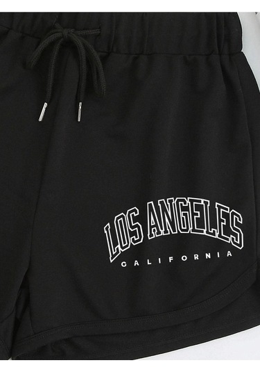 Siyah Los Angeles Bermuda Penye Şort - Kordonlu Baskılı Siyah
