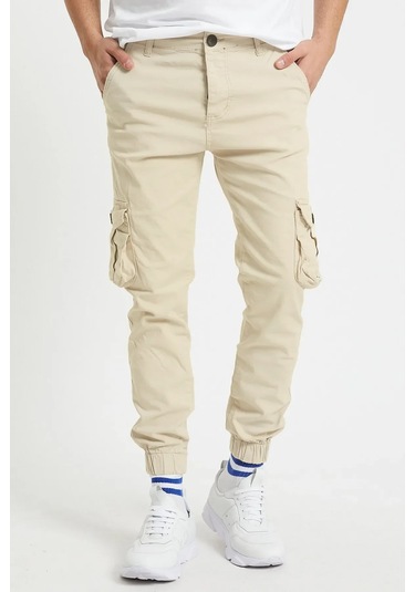 Erkek Kargo Jogger Pantolon Rahat Kesim Lastikli Paça Bej