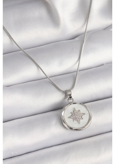 Forwhat Zarif Kadın İçin Silver Çelik Zincir Ak Sedef Zirkon Yıldızlı Kolye Metalik