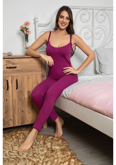 Kadın Mor Renkli Dantel Detaylı Şortlu Ve Taytlı Pijama Takımı 3'lü Set 75022 Mor