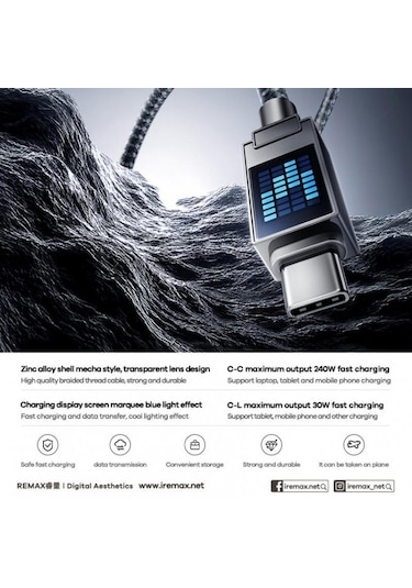 Remax Cb01 Pd65w Tip-c Tip-c Alüminyum Alaşımlı Örgülü Hızlı Şarj Veri Kablosu Led Işıklı, Uzunluk: 1.2m Siyah
