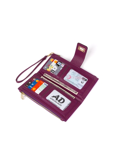 Mor Cüzdan Kağıt Bozuk Para Bölmeli Cüzdan Kilitli Bilek Asılı Siyah