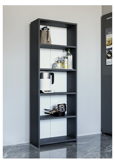 Alpa Ev Mobilya 5 Raflı Kitaplık, Modern Çok Amaçlı Ahşap Ofis, Salon Ve Mutfak Raf Dolabı Antrasit