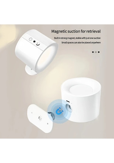 Motion003 Led Manyetik Duvar Aplik Lambası Beyaz Usb Şarjlı Kumandalı 3 Renk Kısılabilir 360 Dönebilir Beyaz
