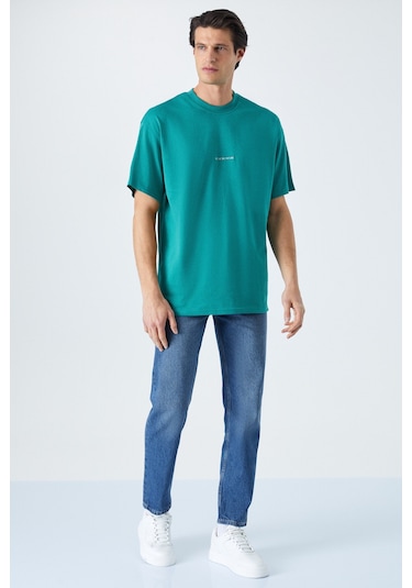 RIVER Erkek Oversize Fit Bol Kesim Nakış İşlemeli Basic Örme Kolej Yeşili T-Shirt