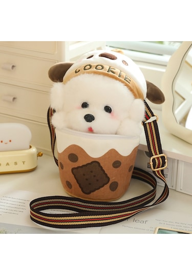 Sevimli Çay Fincanında Köpek Yavrusu Peluş Çocuk Omuz Çantası Kahverengi