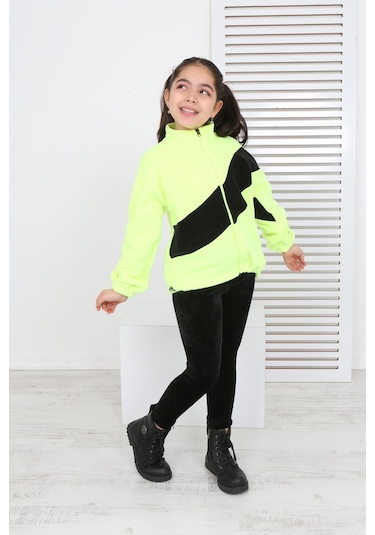 Toontoy Kız Çocuk Blok Renkli Polar Hırka Sarı