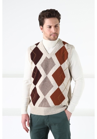 Ferraro A.Bej Baklava Desenli V Yaka %100 Kuzu Yünü Erkek Süveter