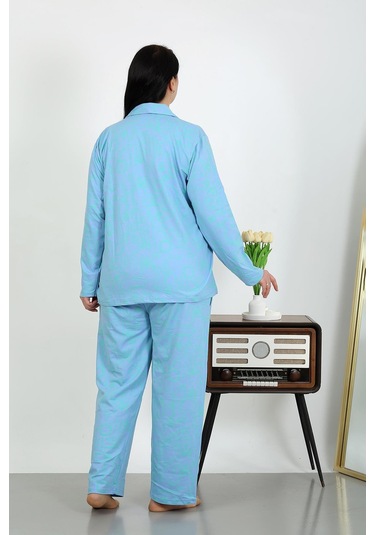 Akbeniz Kadın Büyük Beden Pamuklu Cepli Düğmeli Mavi Pijama Takım 202504 Mavi