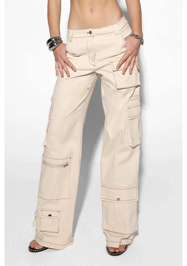By Dyln Tyler Low Waisted Cargo Pants - Rahat Fit, Çeşitli Cepler Ve Kontrast Dikiş Doğal