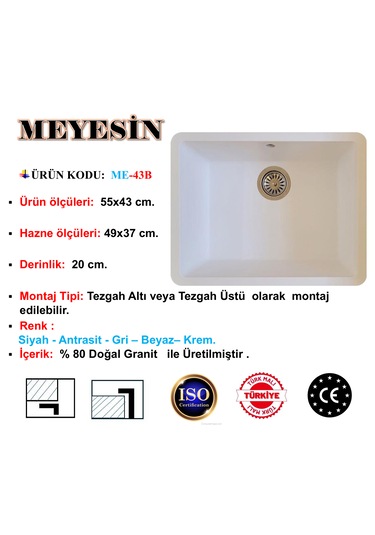 Meyesin ME-43B Tezgah Altı Granit Mutfak Eviyesi Beyaz 43 x 55 CM