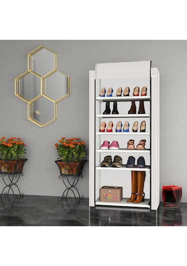 Çok Amaçlı Kullanıma Uygun Geniş 6 Katlı Bez Ayakkabılık Dolabı Siyah