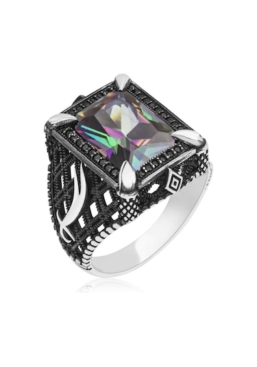 Zülfikar Desenli Kare Mistik Topaz Taşlı 925 Gümüş Erkek Yüzük