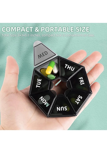 Haftalık 7 Günlük Hap Saklama Kutusu Taşınabilir Seyahat Hap Kutusu Çok Fonksiyonlu Küçük İlaç Kutusu Siyah