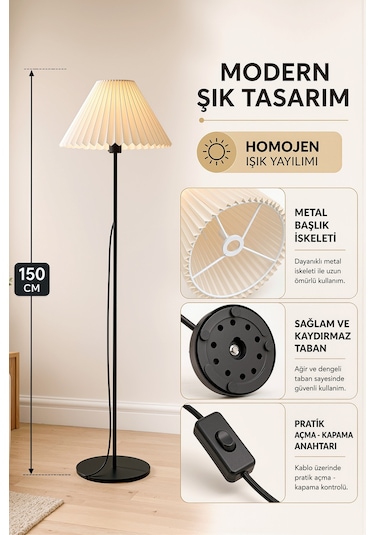 Umbrella Lambader Siyah Metal Tek Ayaklı Lamba Krem Modern Kırma Kumaş Başlık Lam07
