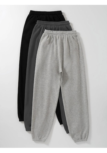 3'lü Basic Düz Eşofman Altı Jogger - Siyah Füme Gri Lastik Paça Yüksel Bel Siyah Füme Gri