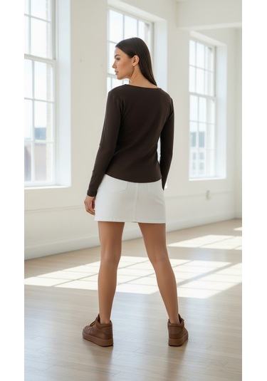 Divinus Kadın Slim Fit Pamuklu Uzun Kollu Bodysuit Kahverengi