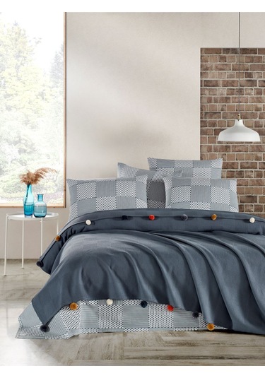 Madam Marica Antrasit Renkli Çift Kişilik Ponponlu Pike Takımı