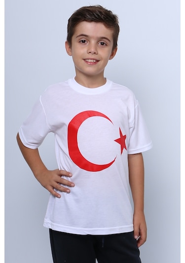 Çocuk Atatürk Ayyıldız Baskılı Tshirt Kısa Kollu A62 Beyaz - Kırmızı
