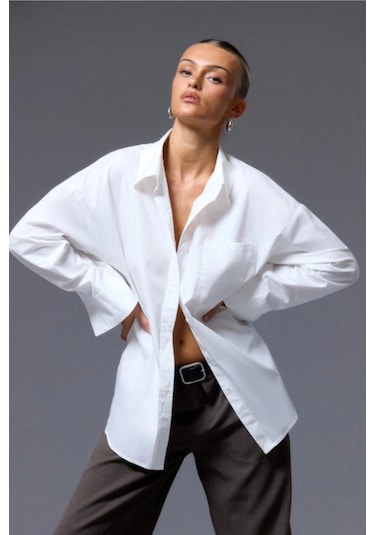 Tarz Cool Kadın Oversize Gömlek Uzun Kollu Basic Salaş Kesim Poplin Trend Şık Günlük Gömlek Beyaz